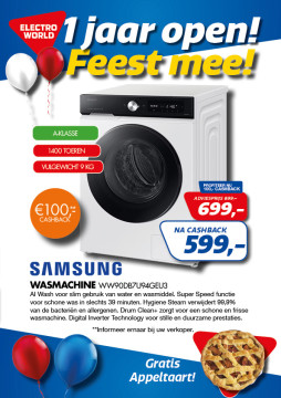 Samsung wasmachine 599,- na 100,- euro cashback